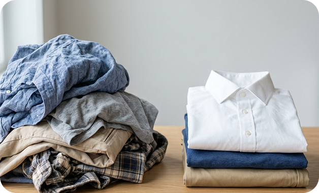 Clean clothes hanging and folded in a bright space