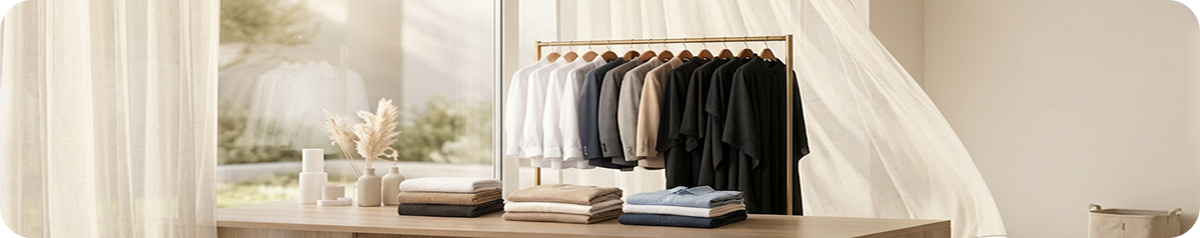 Clean clothes hanging and folded in a bright space
